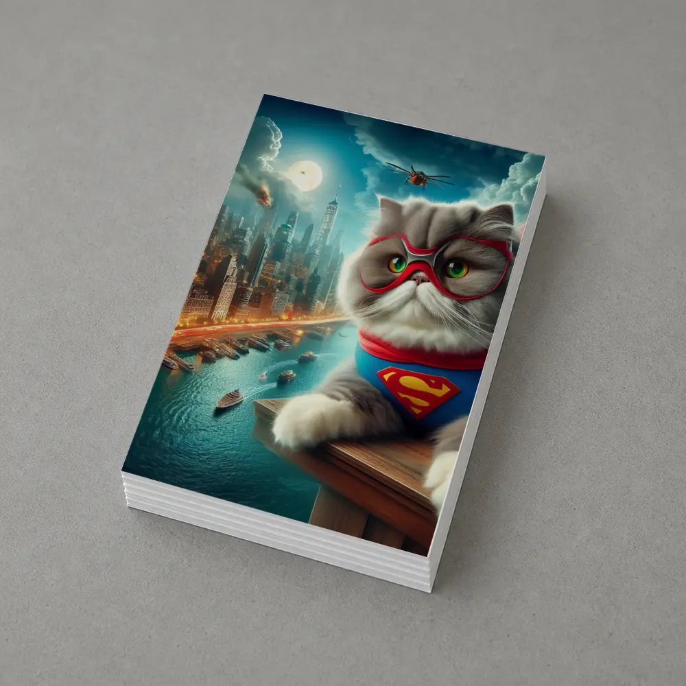 Persian Cat Superhero Over City Skyline – Postcards