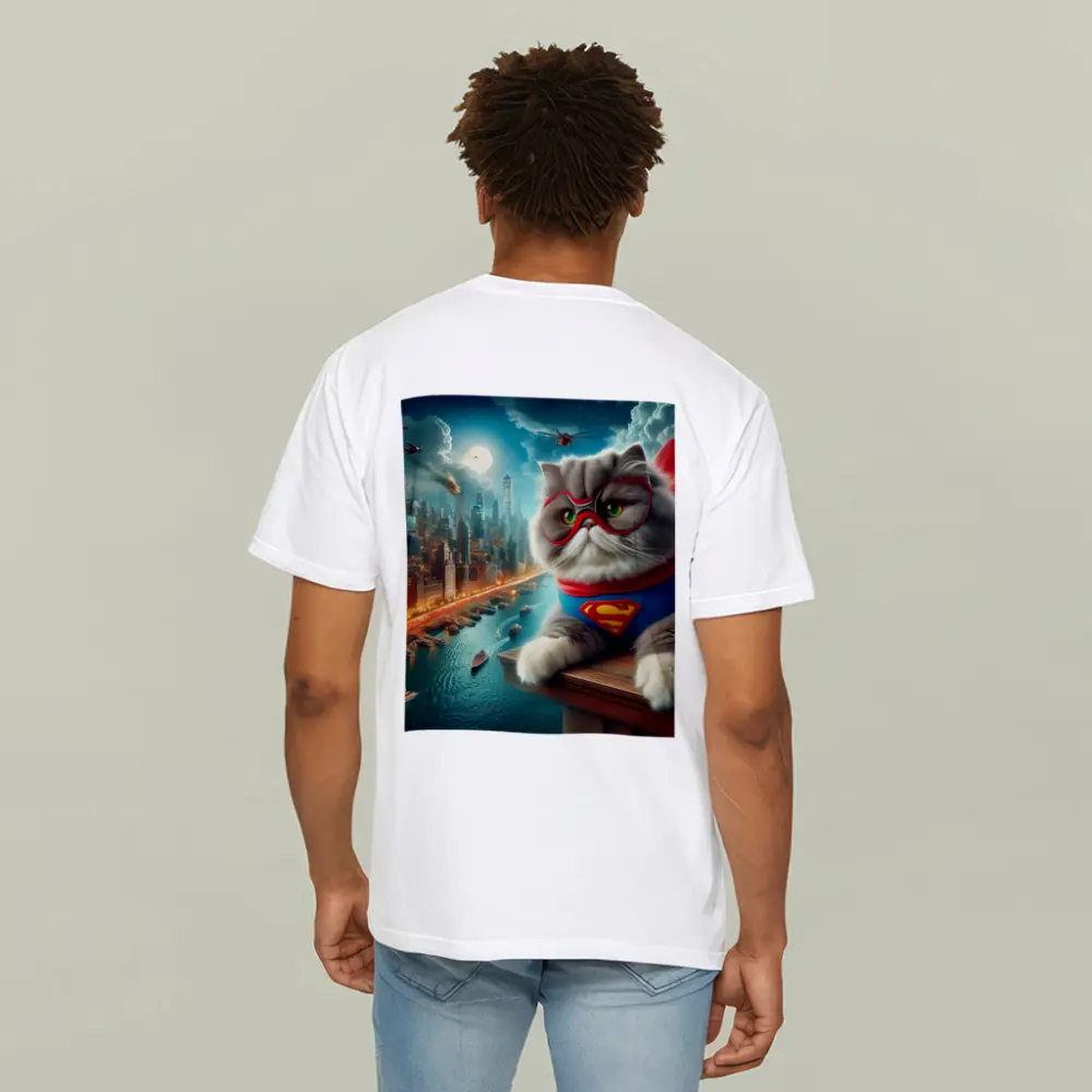 Persian Cat Superhero Over City Skyline – T-Shirts