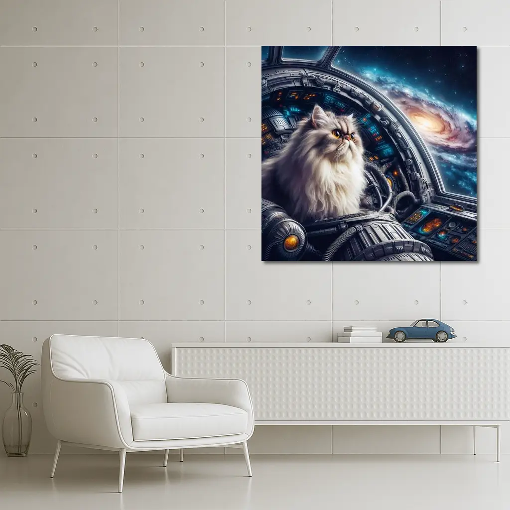 Persian Cat Piloting Spaceship Galaxy Background – Wall Art