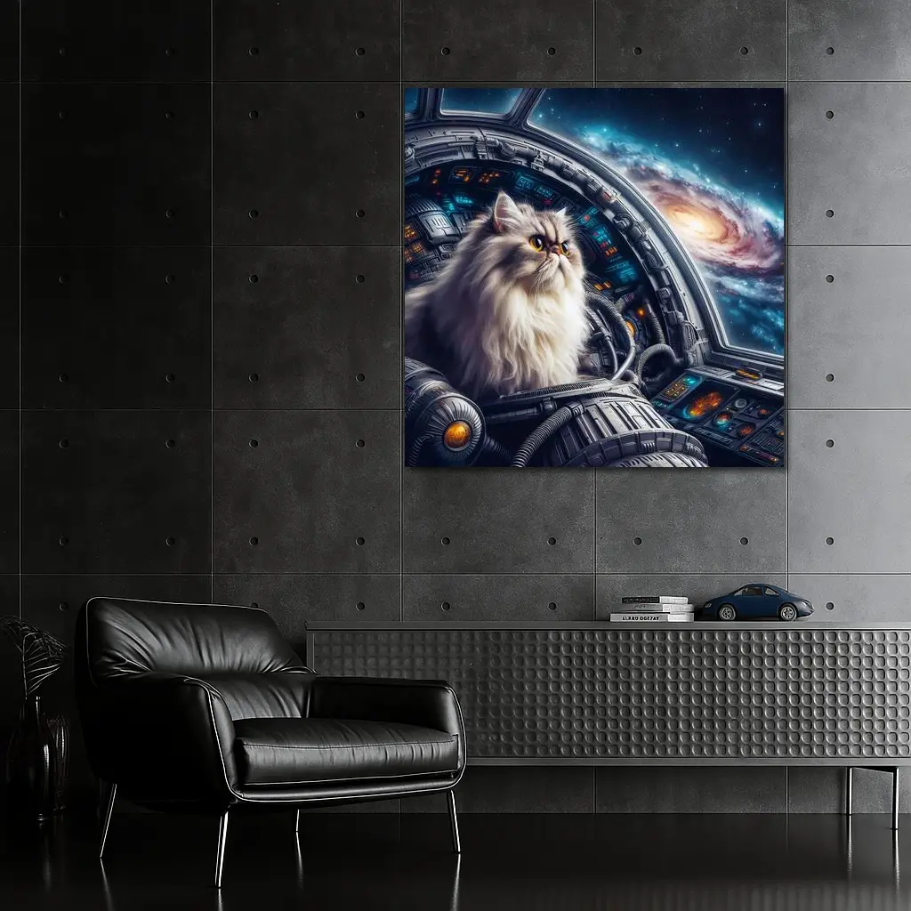 Persian Cat Piloting Spaceship Galaxy Background – Wall Art