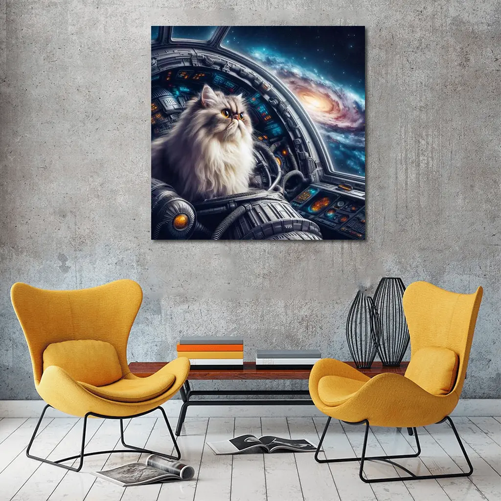 Persian Cat Piloting Spaceship Galaxy Background – Wall Art