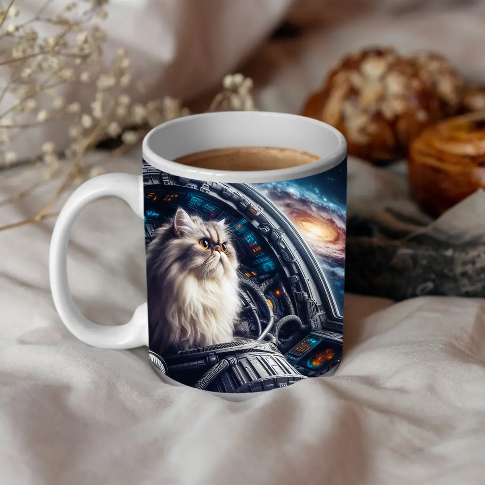 Persian Cat Piloting Spaceship Galaxy Background – Mugs