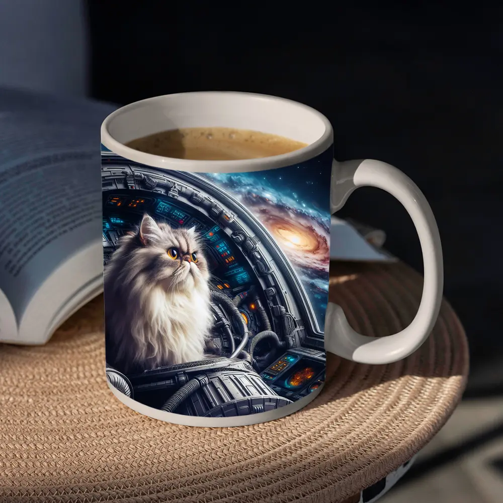 Persian Cat Piloting Spaceship Galaxy Background – Mugs
