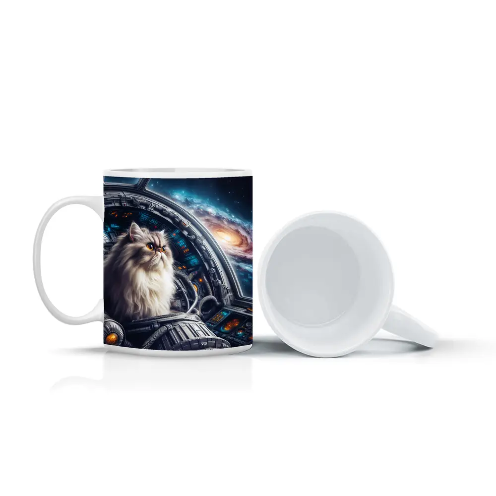 Persian Cat Piloting Spaceship Galaxy Background – Mugs