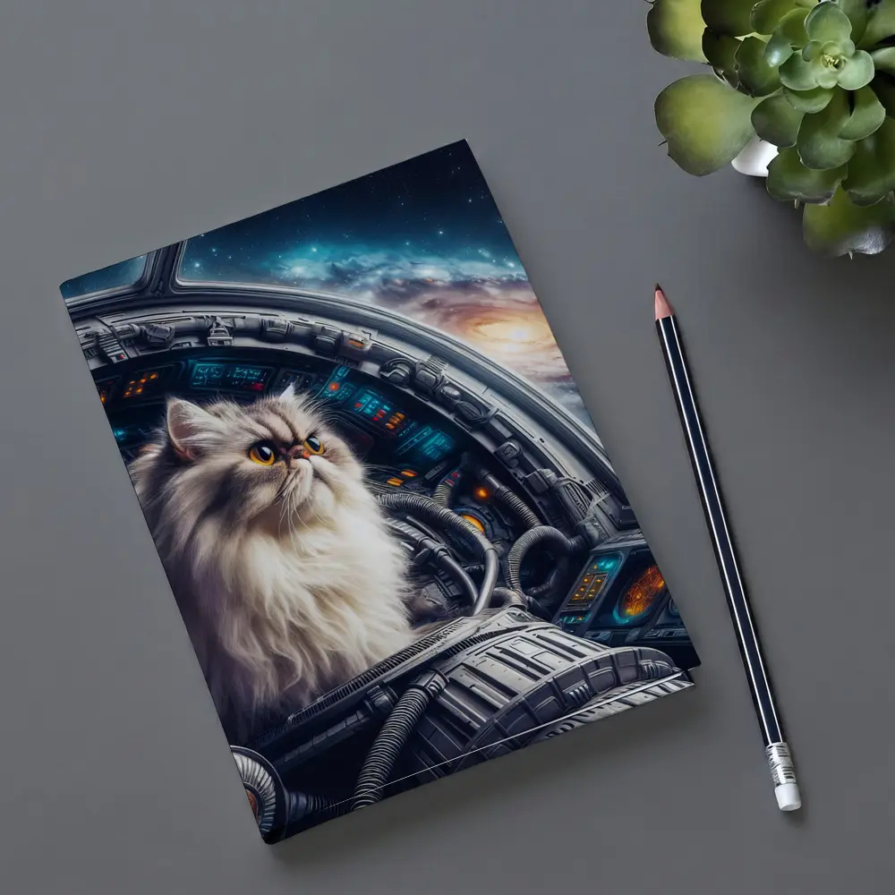 Persian Cat Piloting Spaceship Galaxy Background – Notebooks