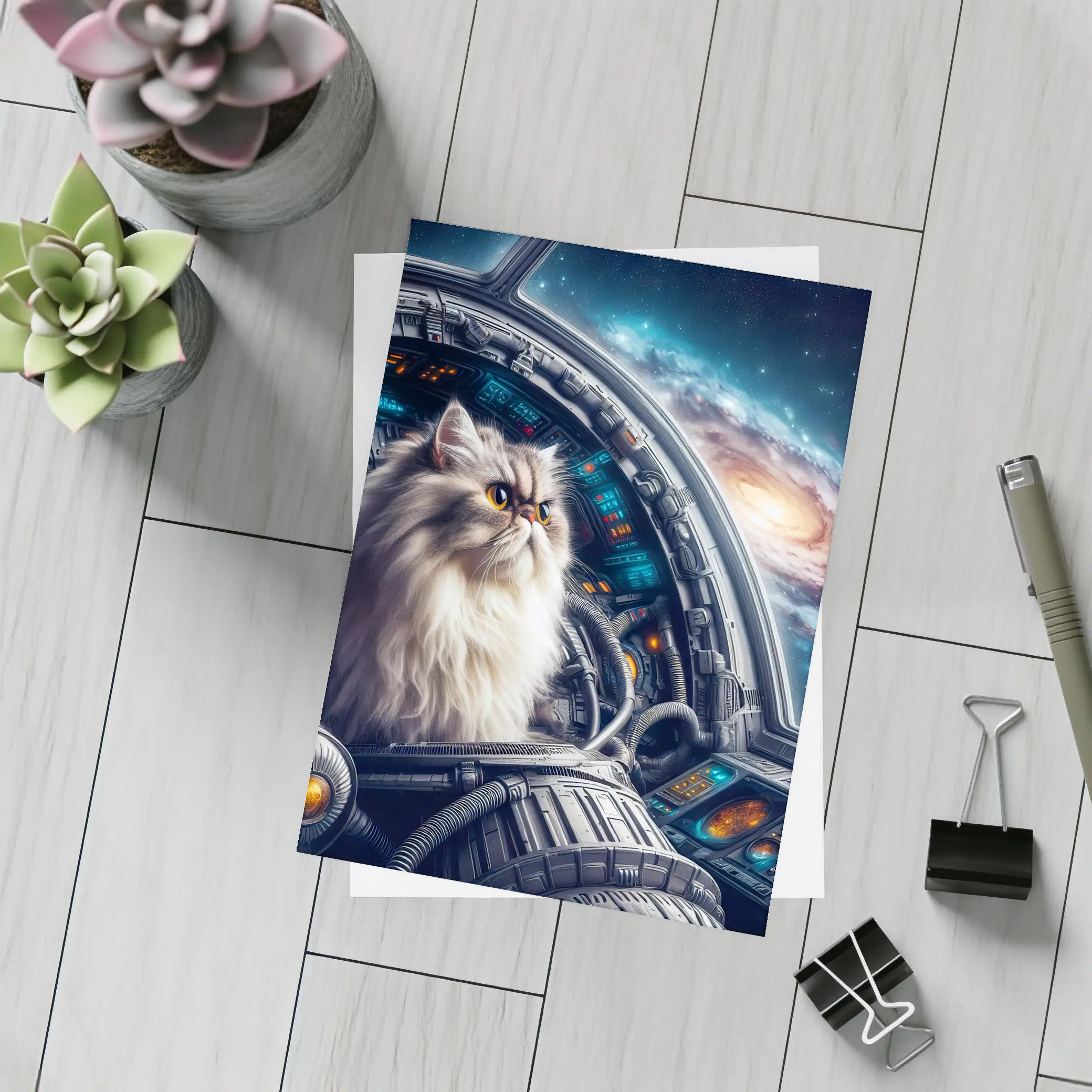 Persian Cat Piloting Spaceship Galaxy Background – Postcards