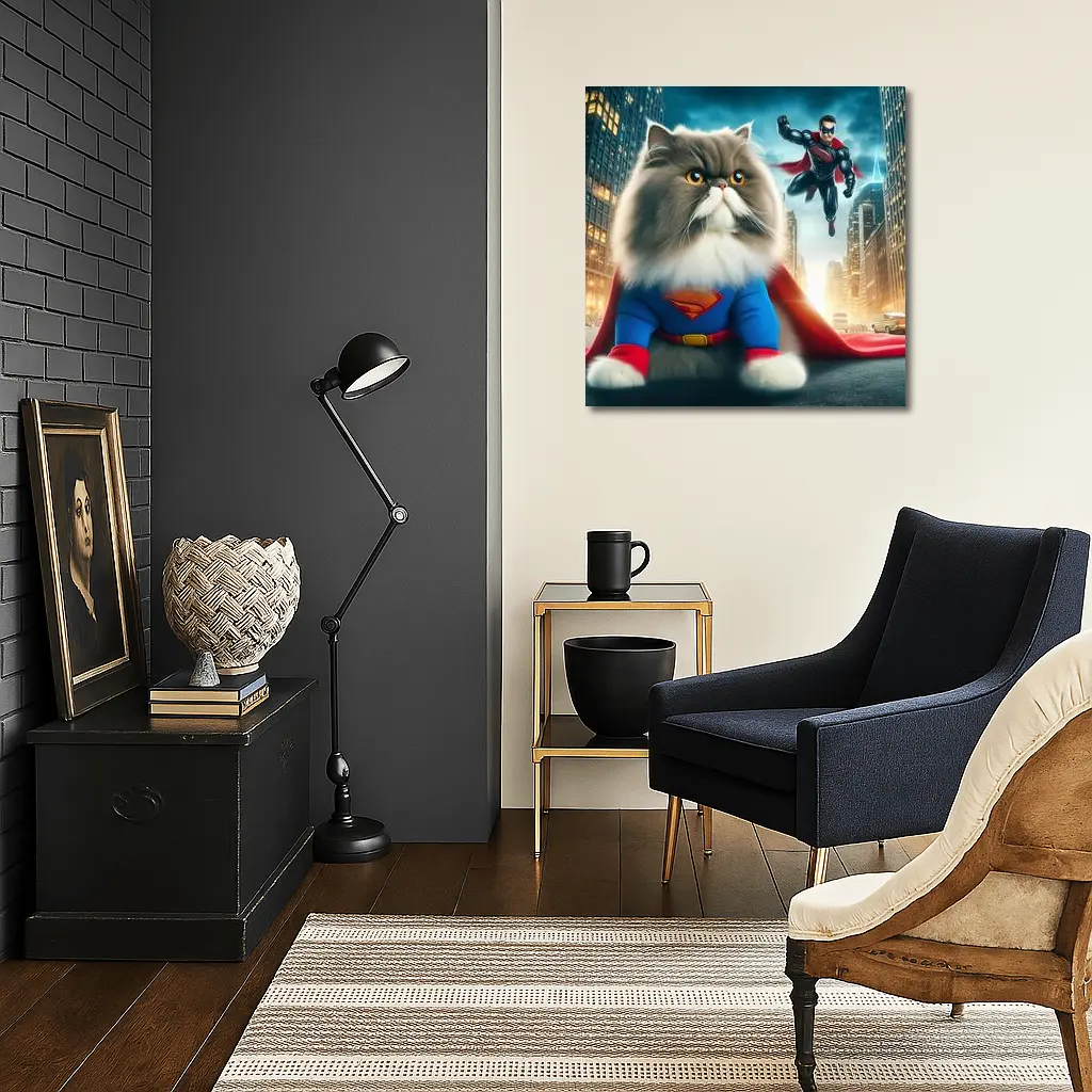 Persian Cat Superman Costume City Background – Wall Art