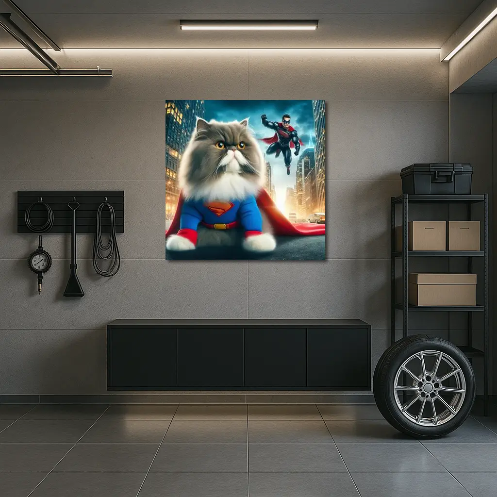 Persian Cat Superman Costume City Background – Wall Art