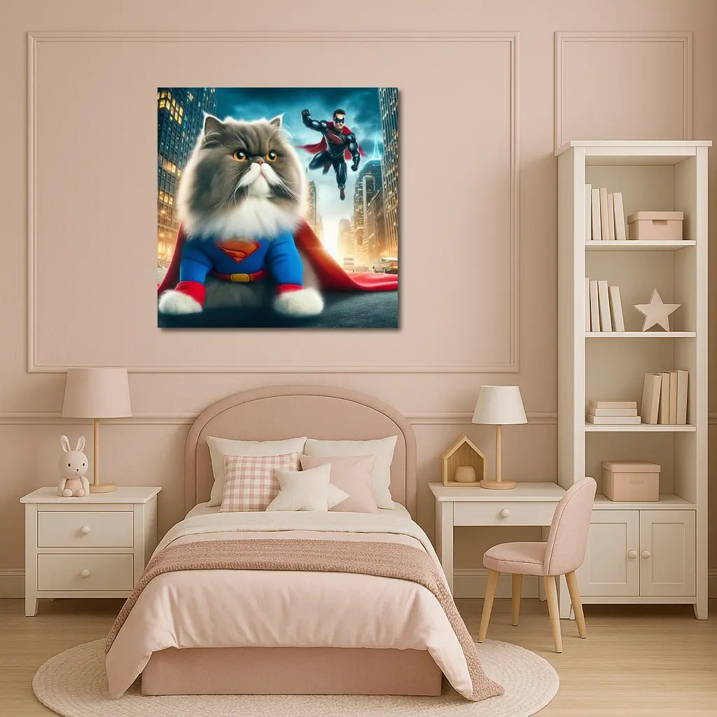 Persian Cat Superman Costume City Background – Wall Art