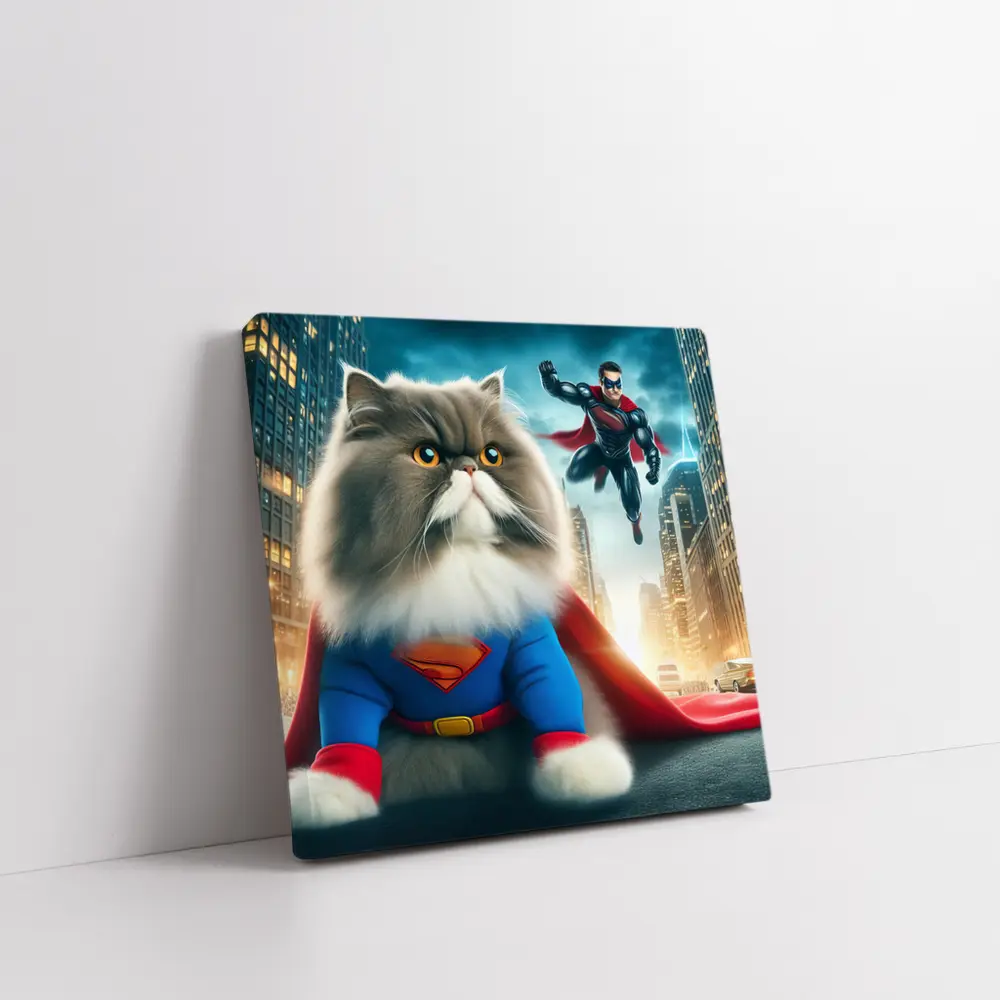 Persian Cat Superman Costume City Background – Wall Art