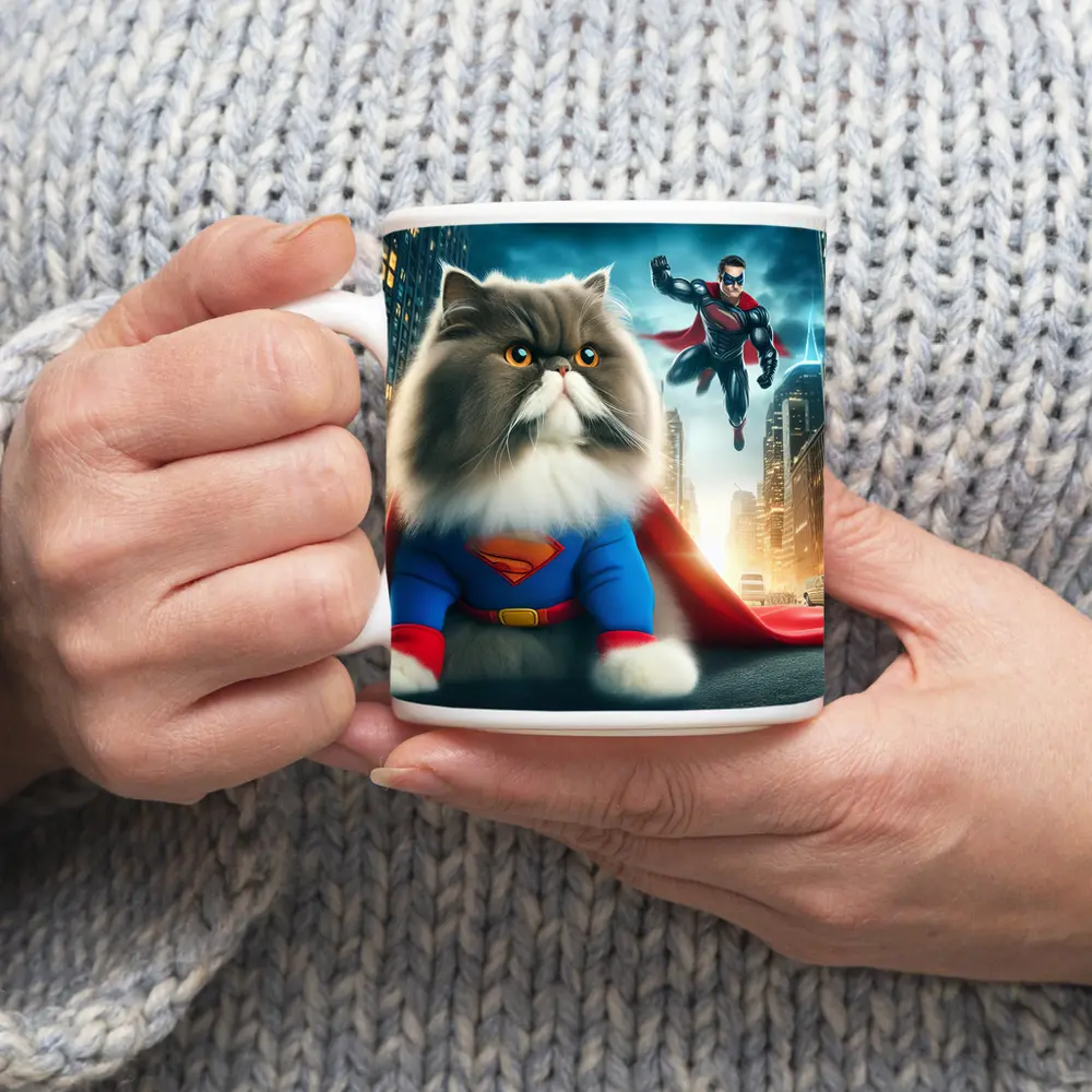 Persian Cat Superman Costume City Background – Mugs