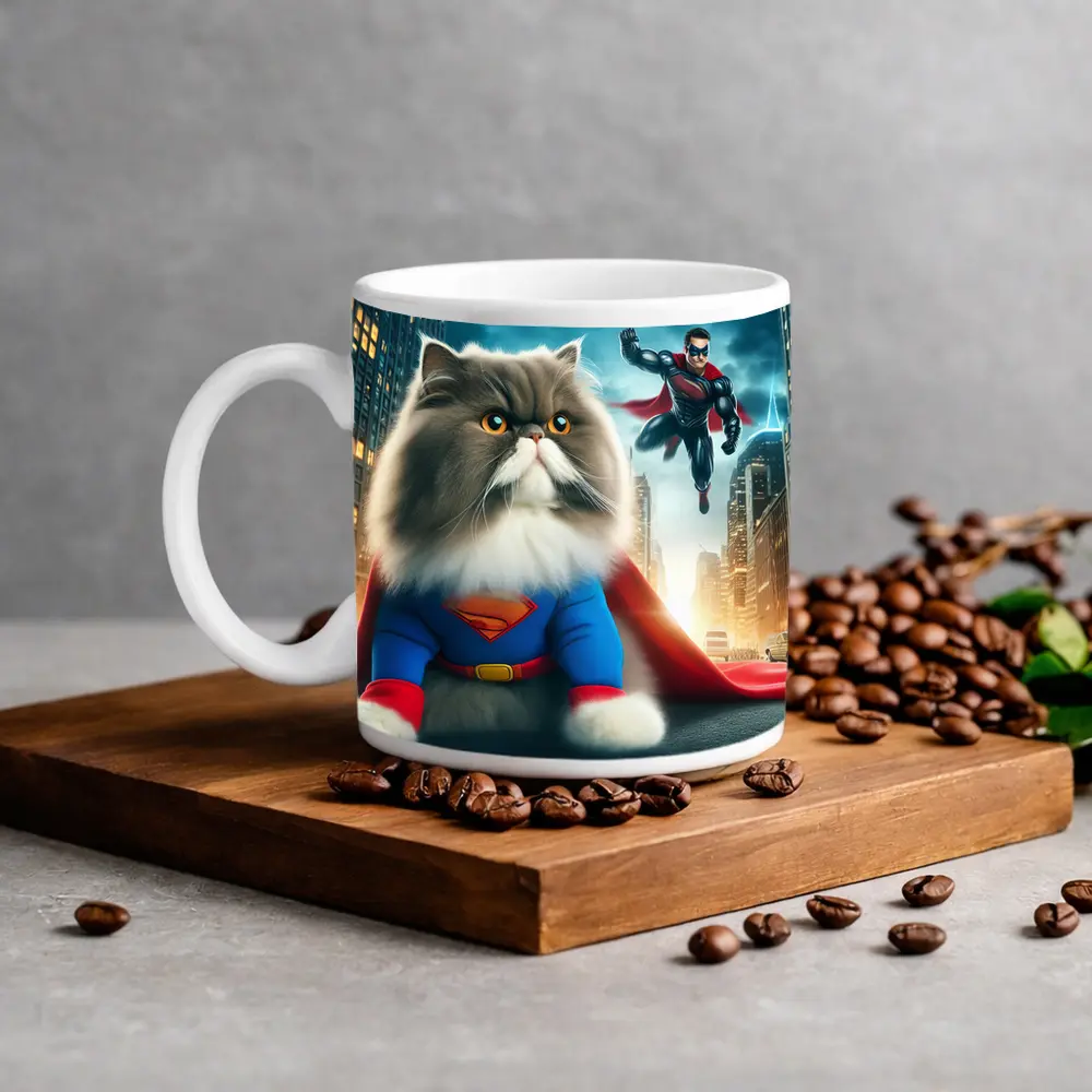 Persian Cat Superman Costume City Background – Mugs