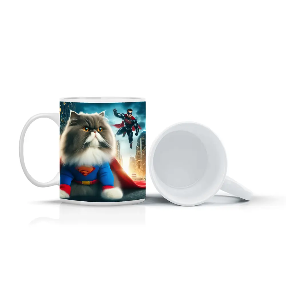 Persian Cat Superman Costume City Background – Mugs