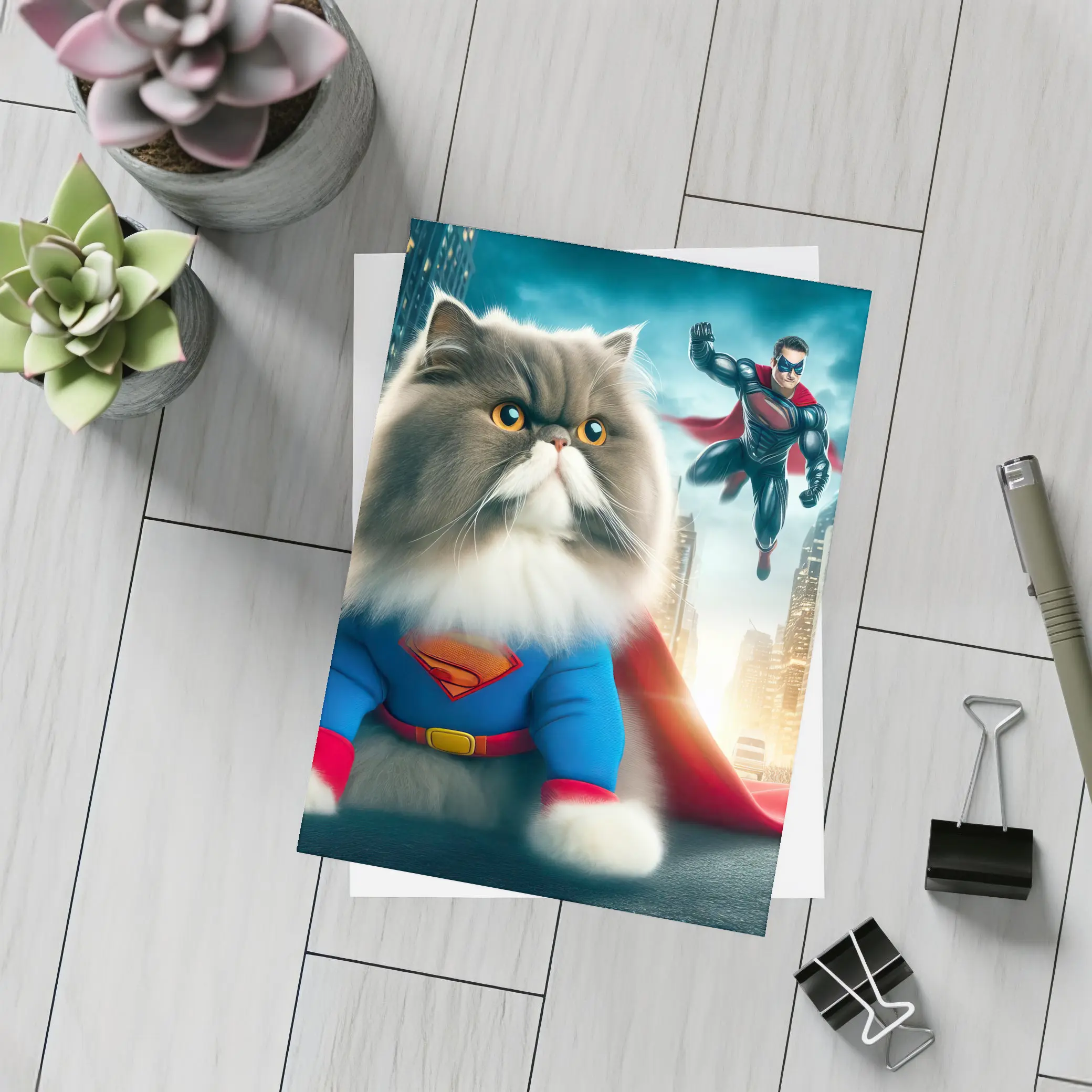 Persian Cat Superman Costume City Background – Postcards