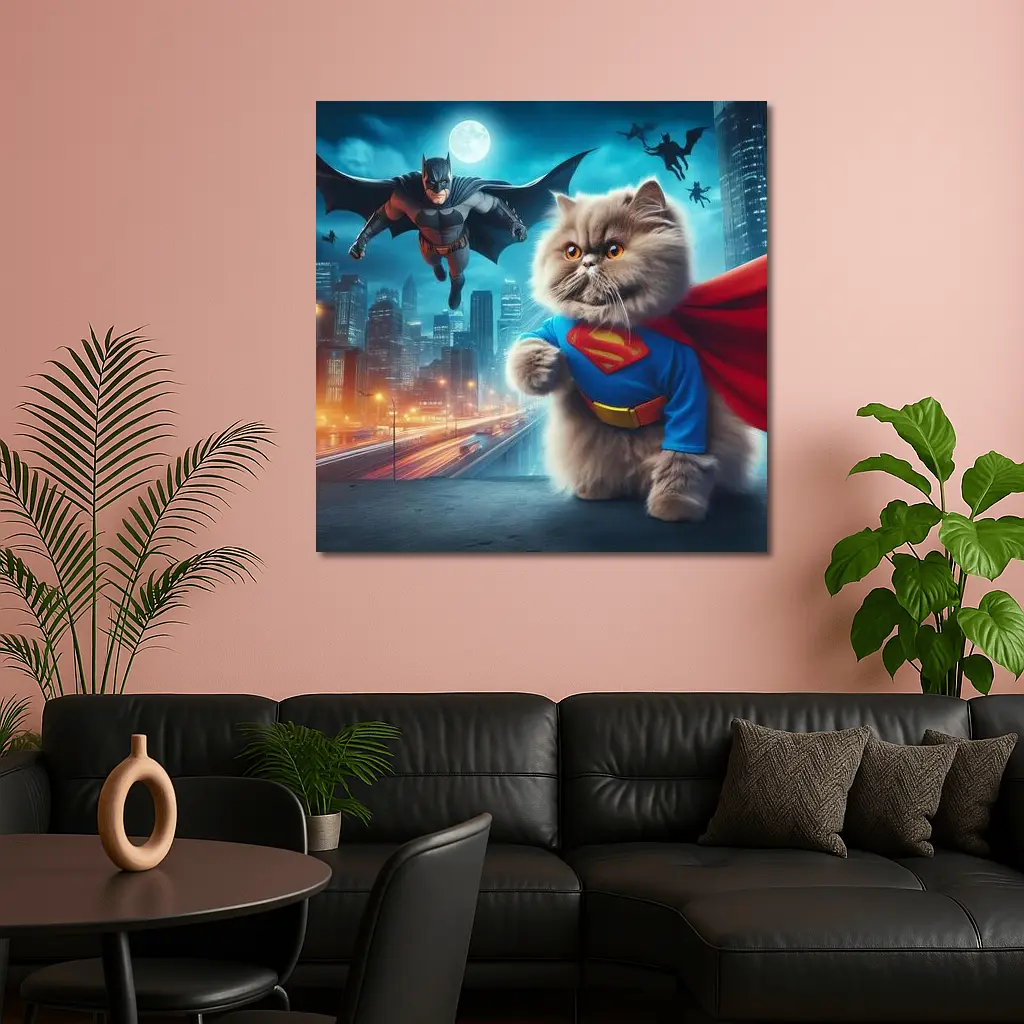 Persian Cat Superman Hero City Night – Wall Art