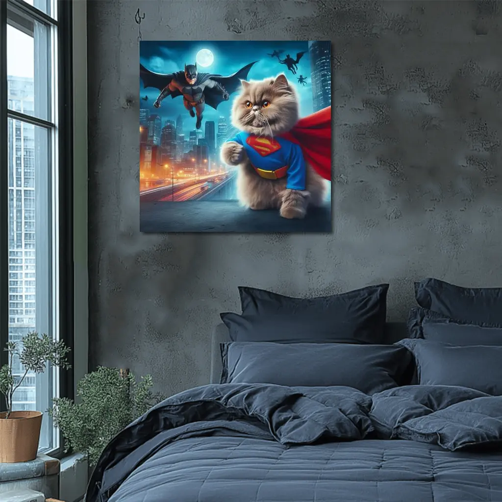 Persian Cat Superman Hero City Night – Wall Art