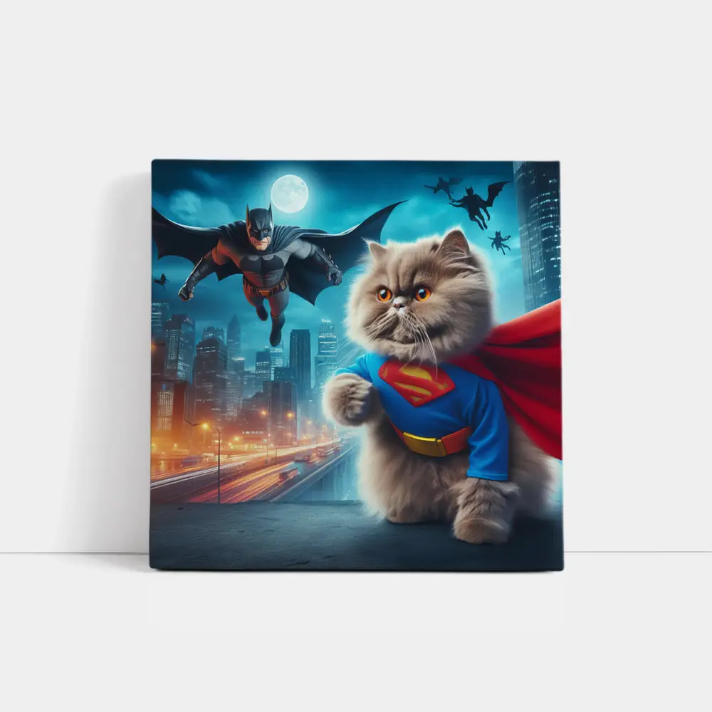 Persian Cat Superman Hero City Night – Wall Art