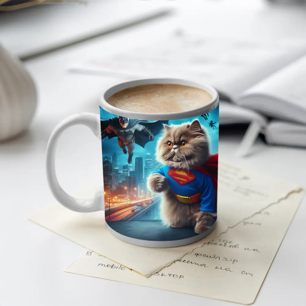 Persian Cat Superman Hero City Night – Mugs