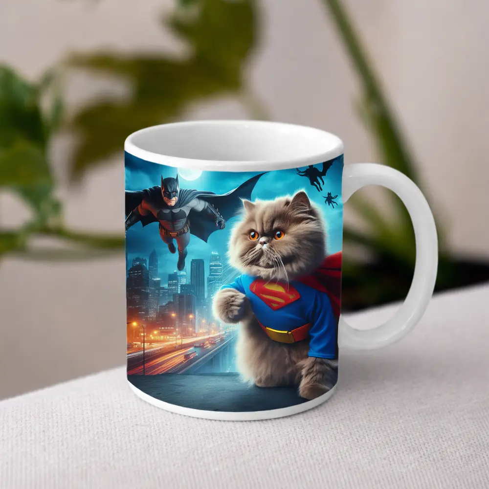 Persian Cat Superman Hero City Night – Mugs