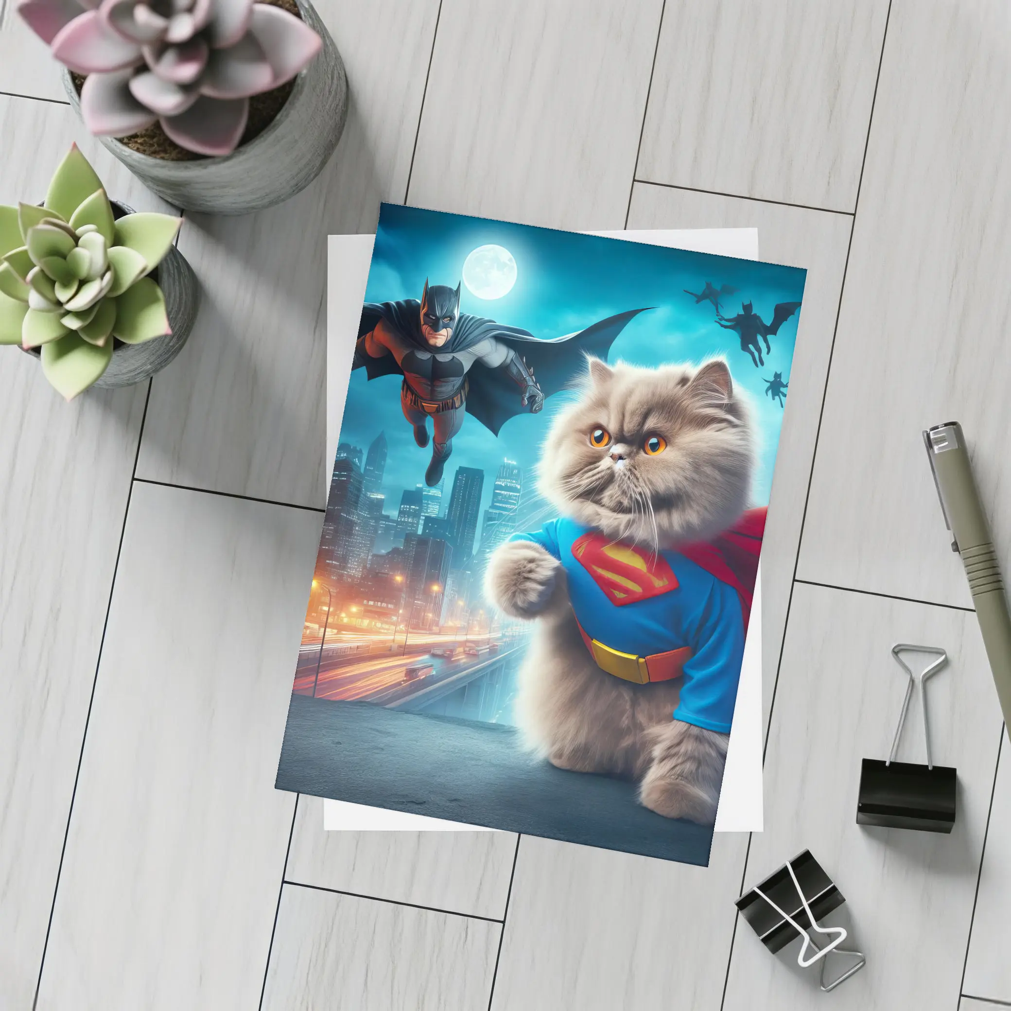 Persian Cat Superman Hero City Night – Postcards