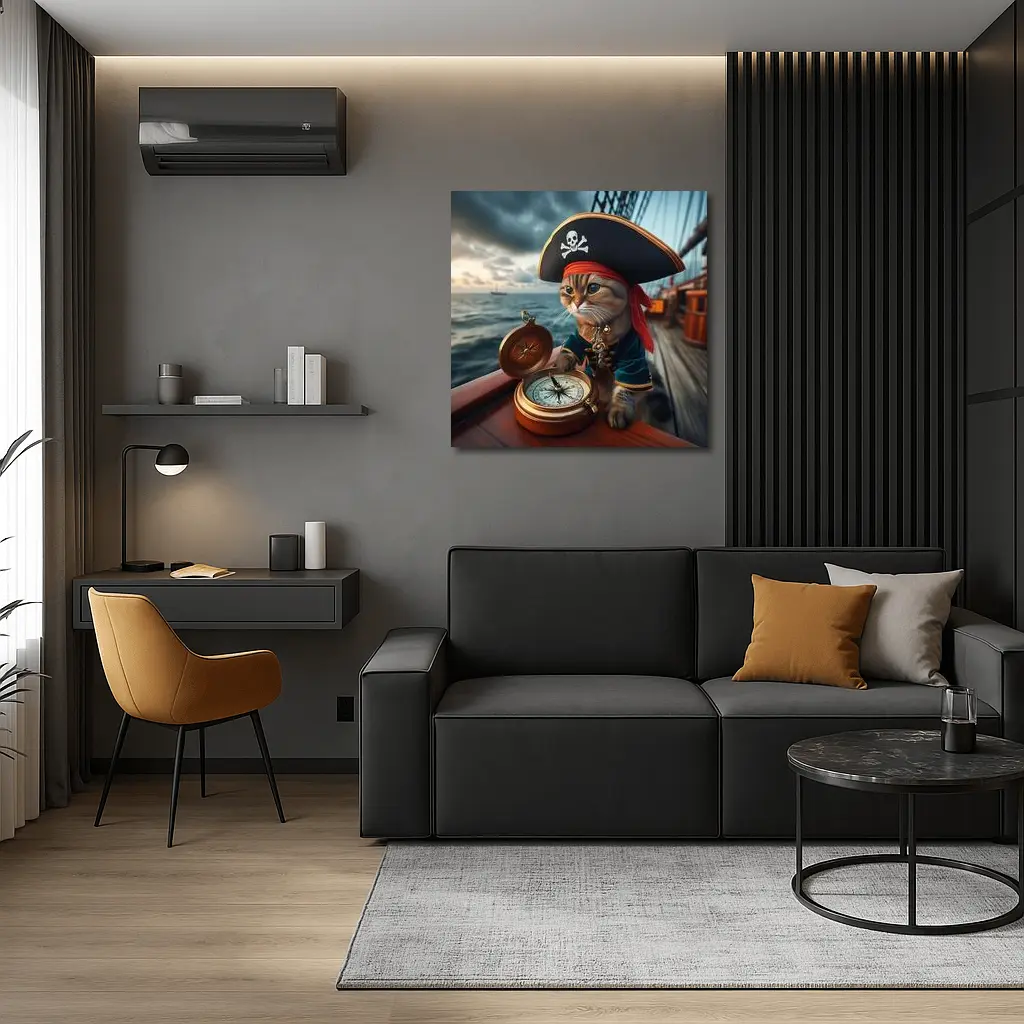 Pirate Cat With Compass On Ship – Wall Art