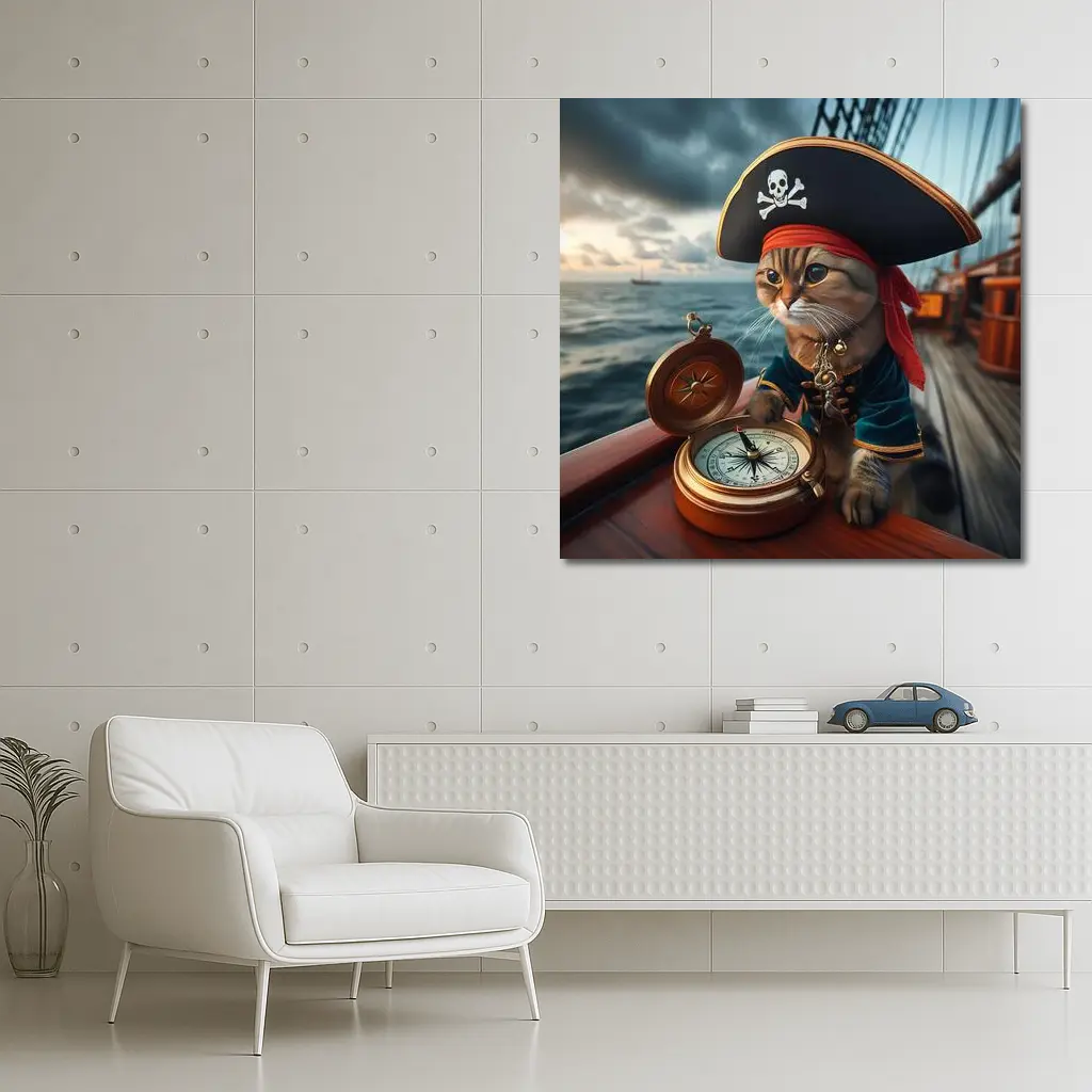 Pirate Cat With Compass On Ship – Wall Art