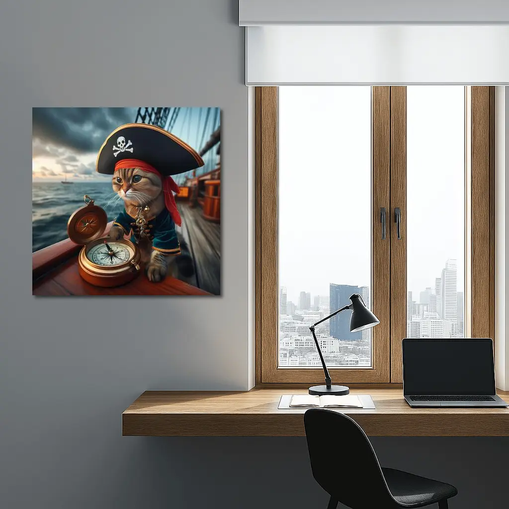 Pirate Cat With Compass On Ship – Wall Art