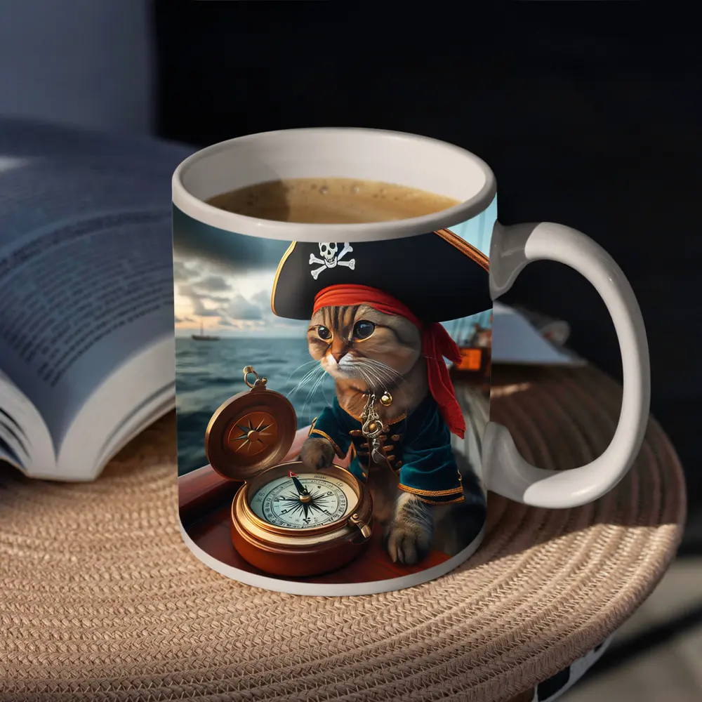 Pirate Cat With Compass On Ship – Mugs