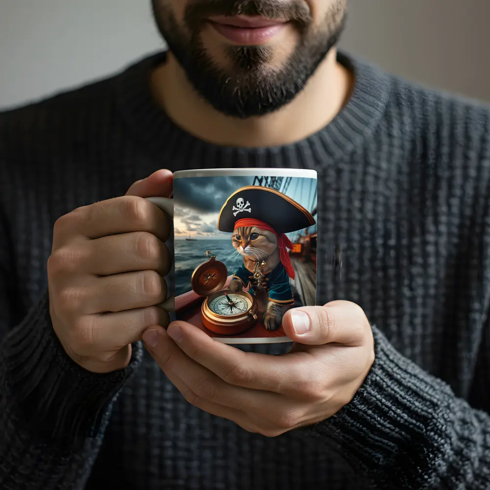 Pirate Cat With Compass On Ship – Mugs