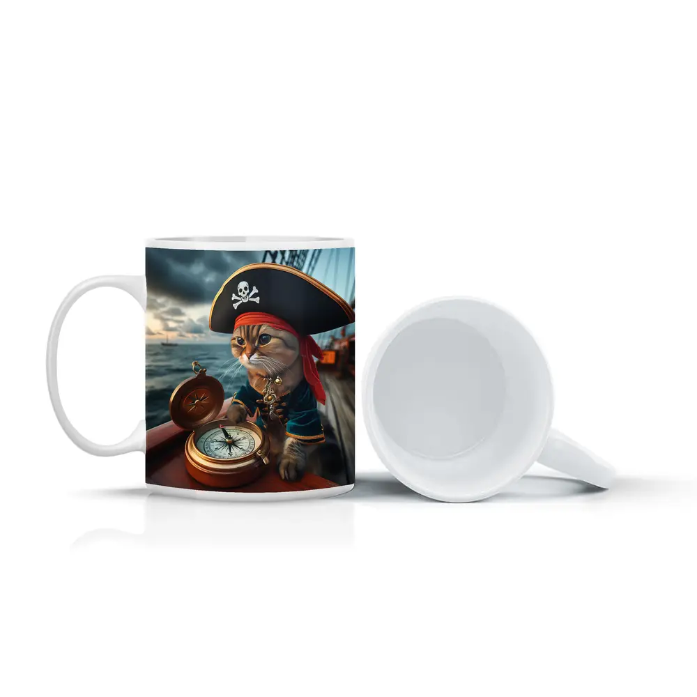 Pirate Cat With Compass On Ship – Mugs