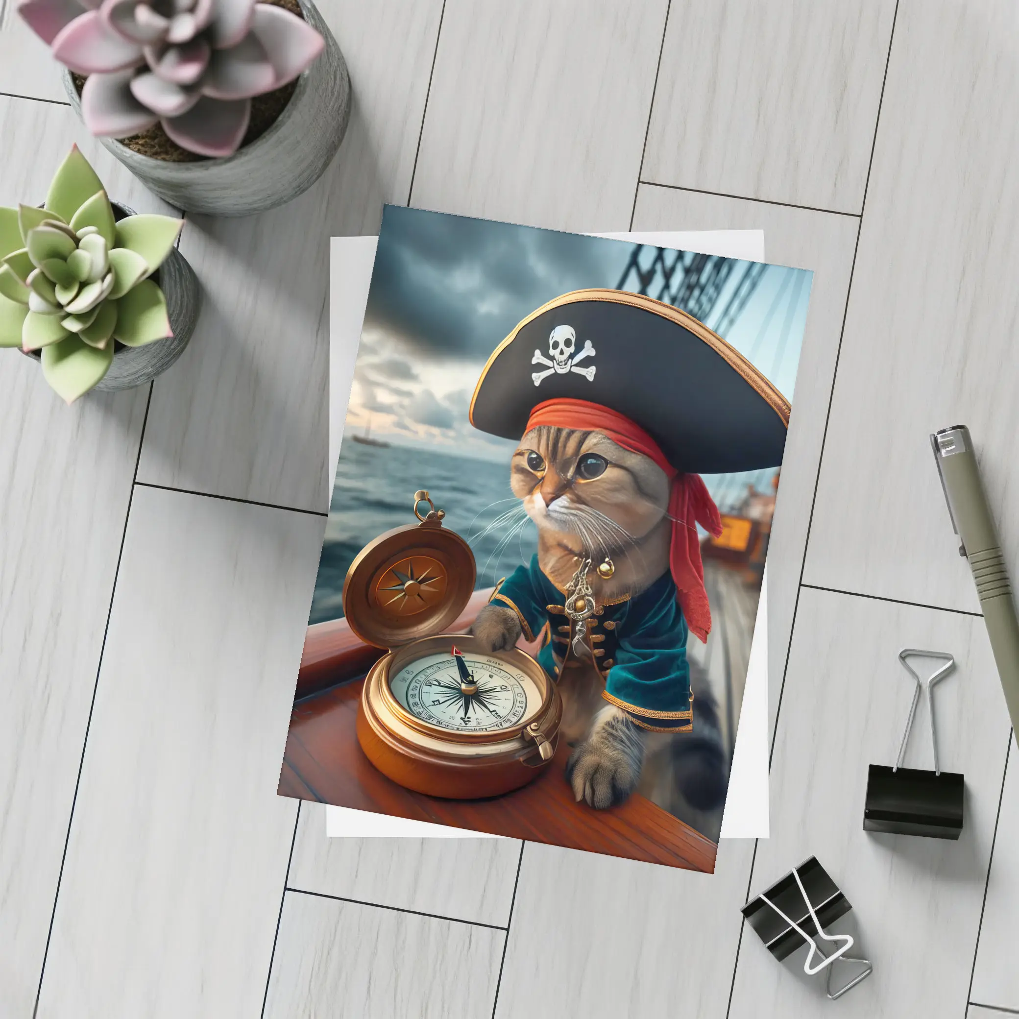 Pirate Cat With Compass On Ship – Postcards
