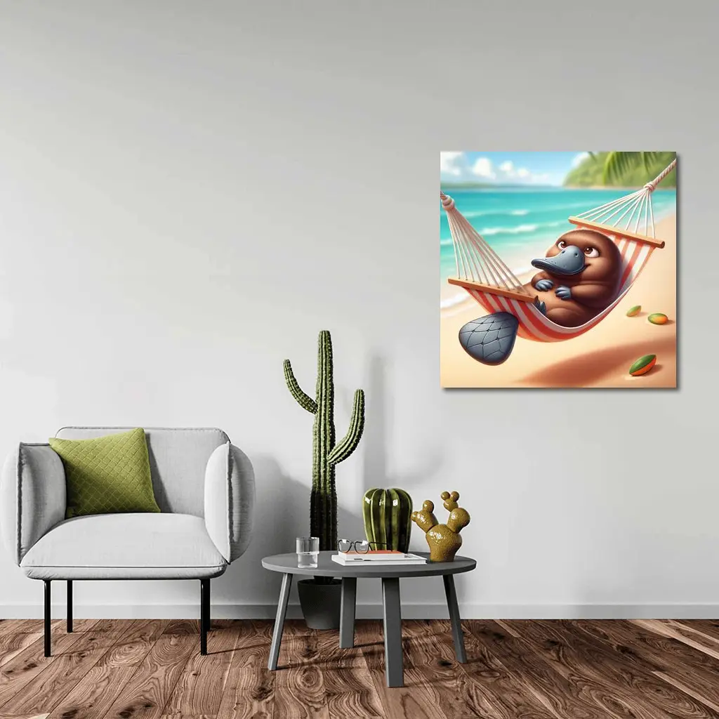 Relaxed Platypus Lounging On Tropical Beach – Wall Art