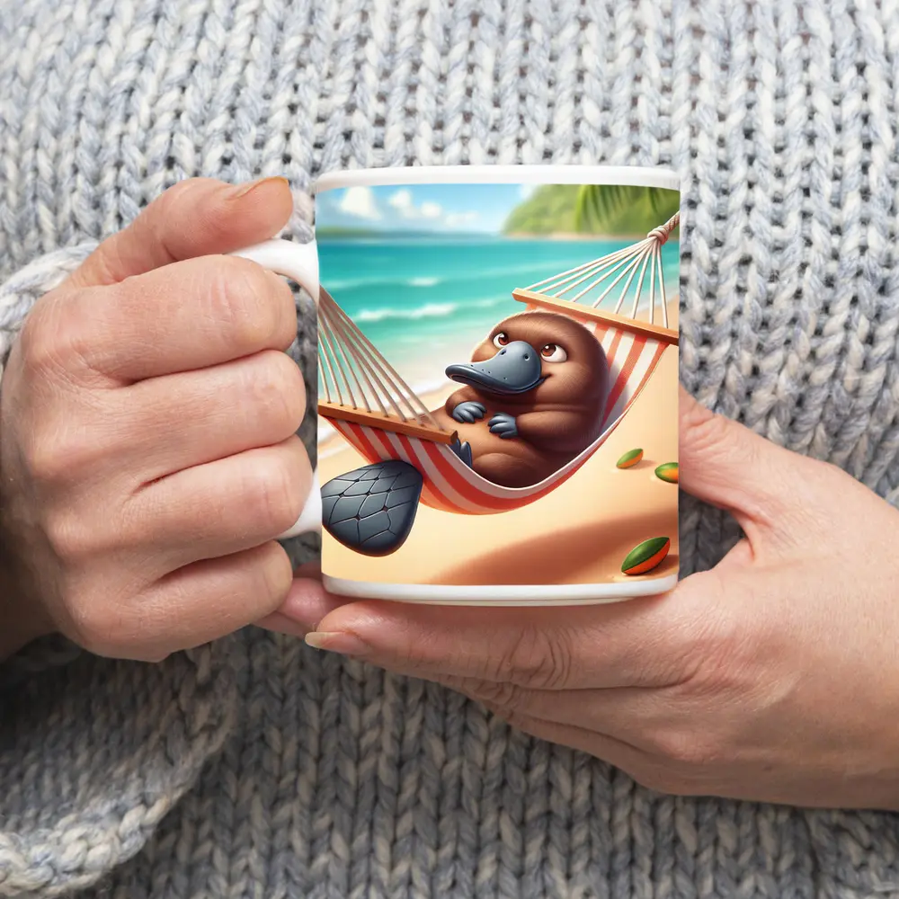 Relaxed Platypus Lounging On Tropical Beach – Mugs