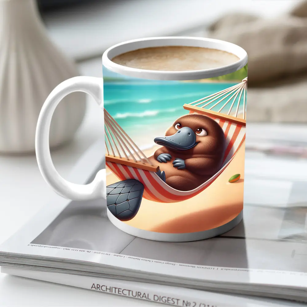 Relaxed Platypus Lounging On Tropical Beach – Mugs