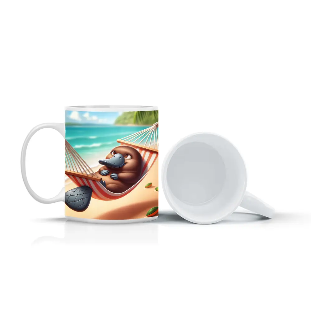 Relaxed Platypus Lounging On Tropical Beach – Mugs