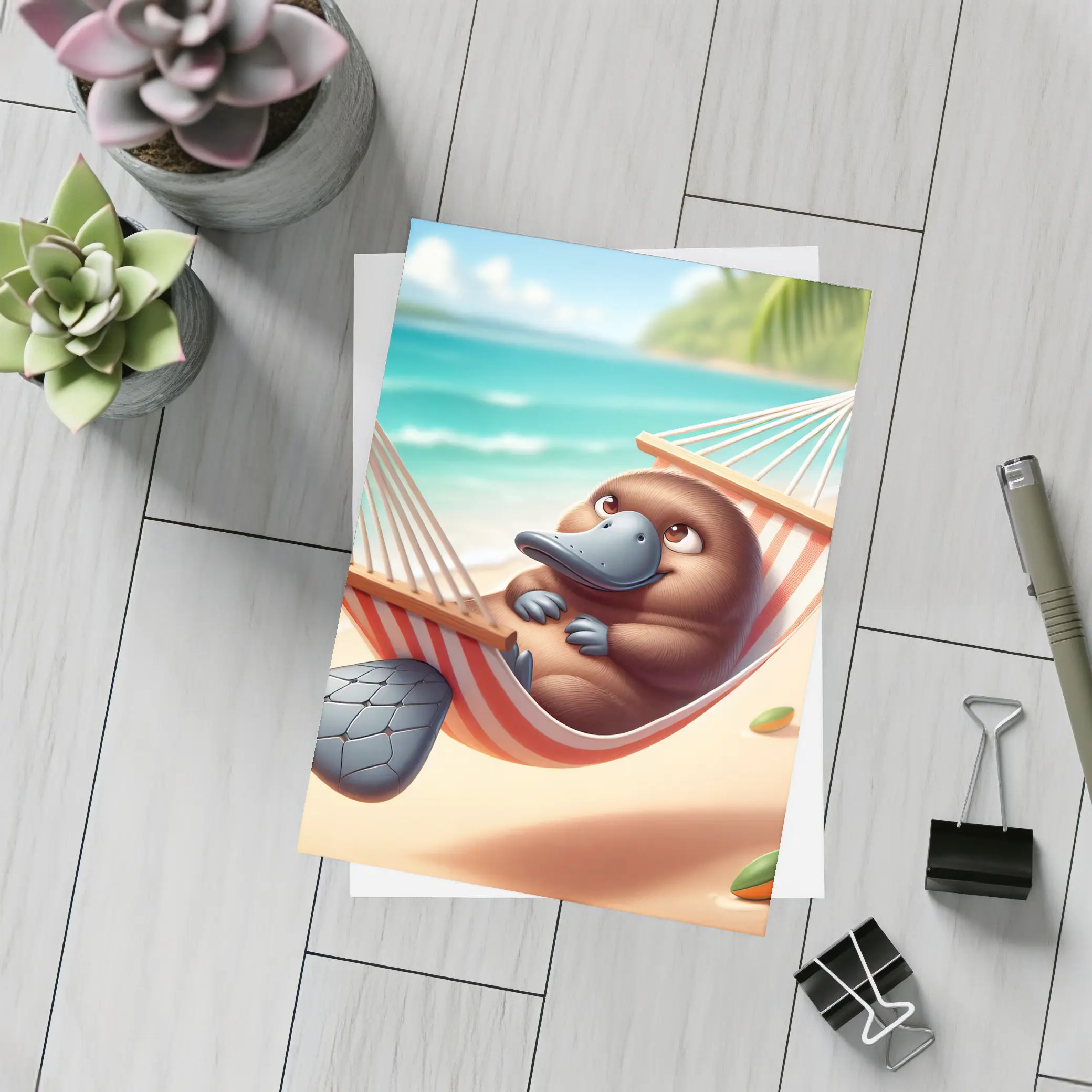 Relaxed Platypus Lounging On Tropical Beach – Postcards
