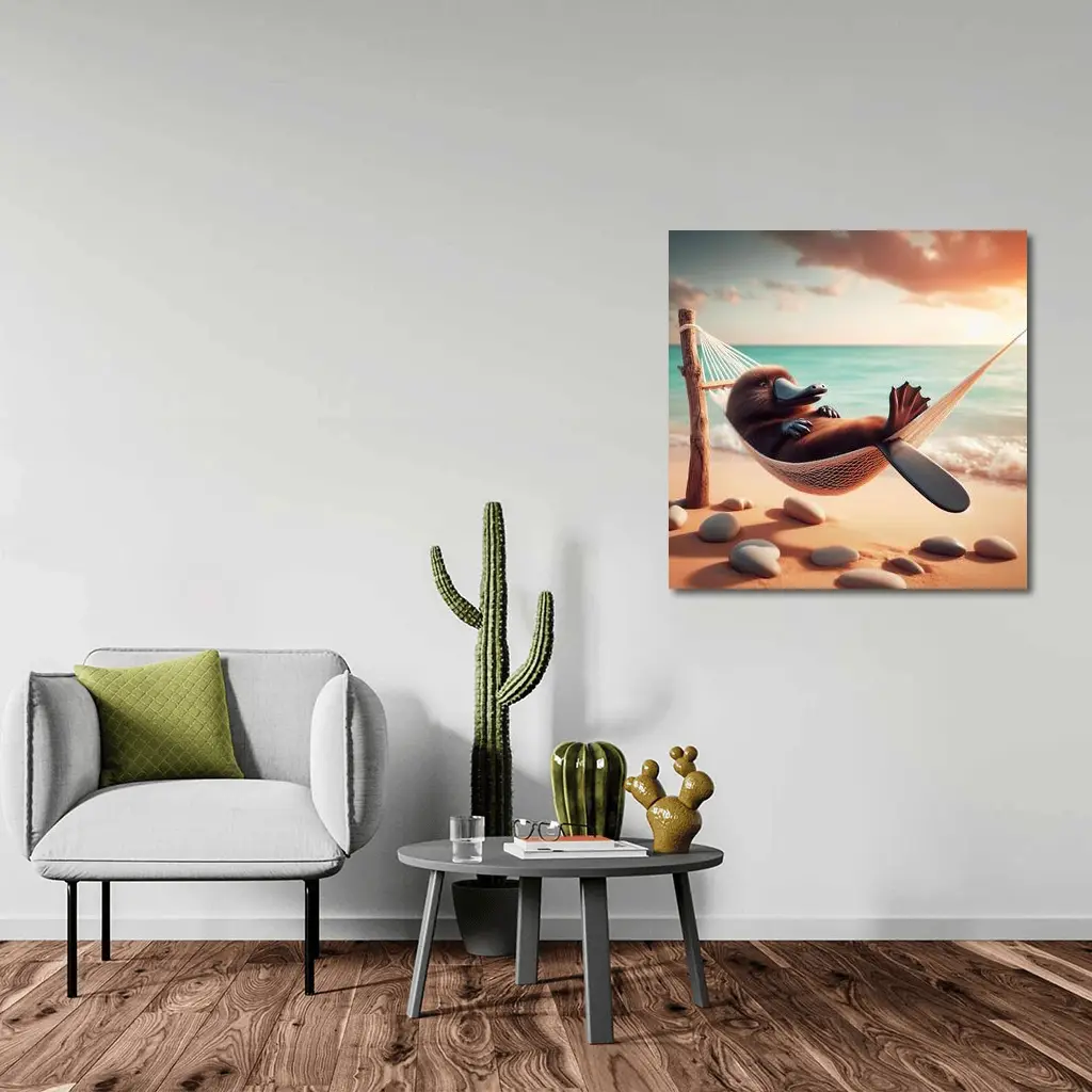 Platypus Relaxing In Hammock Beach Scene – Wall Art