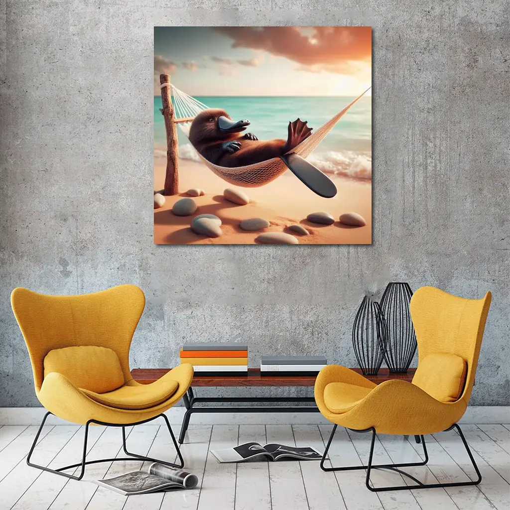 Platypus Relaxing In Hammock Beach Scene – Wall Art