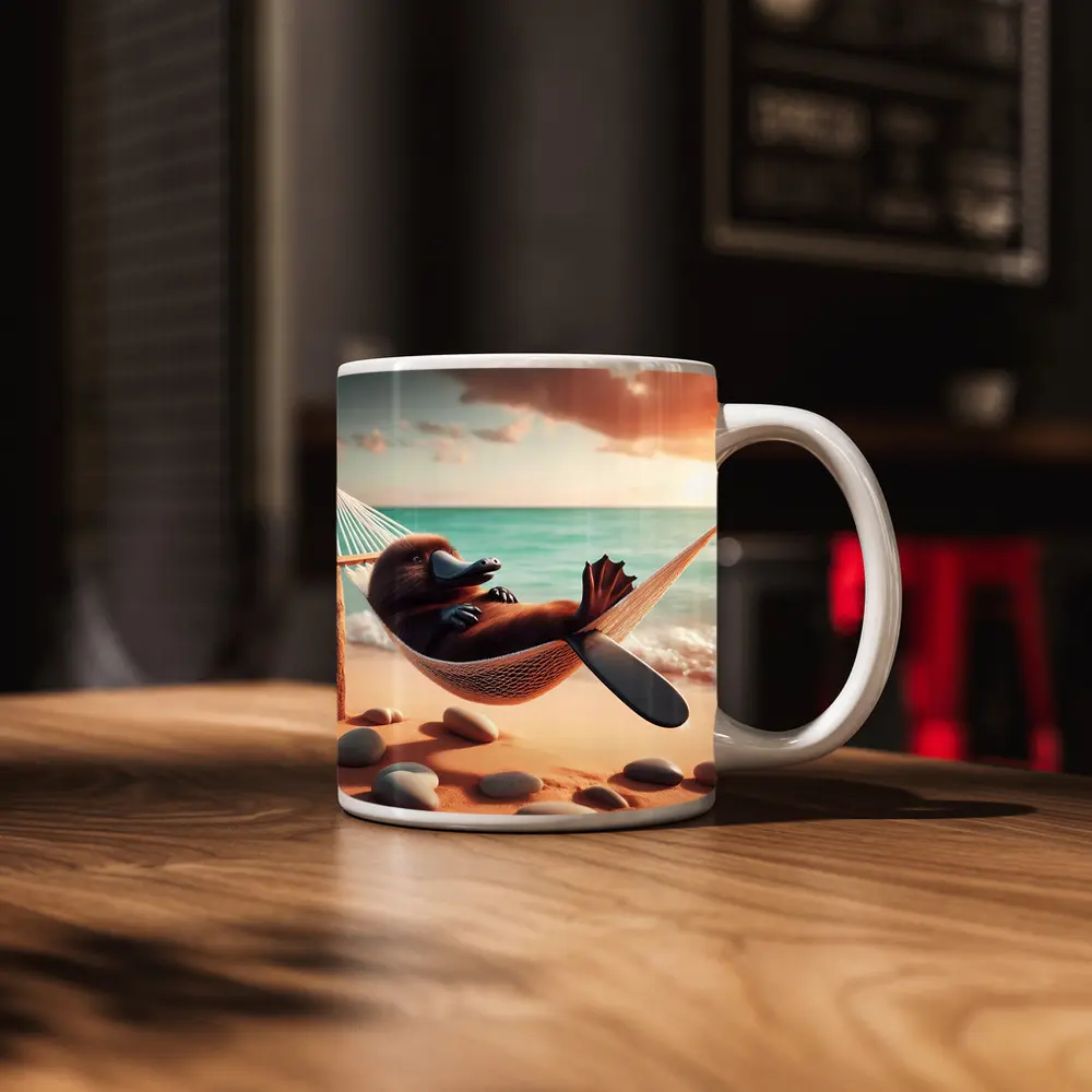 Platypus Relaxing In Hammock Beach Scene – Mugs