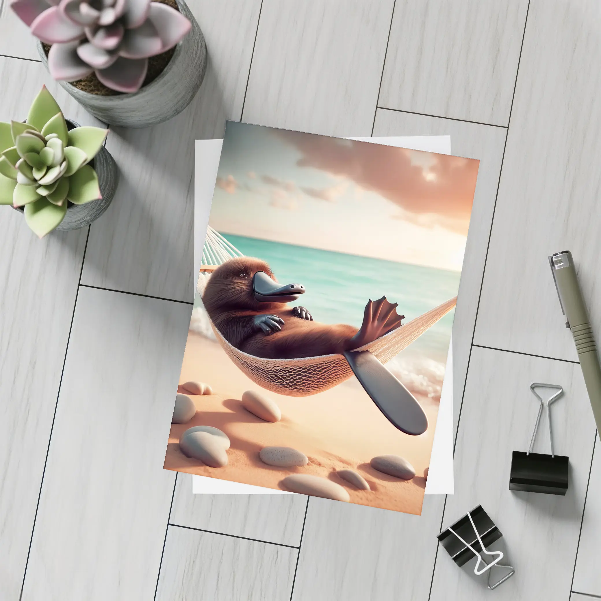 Platypus Relaxing In Hammock Beach Scene – Postcards