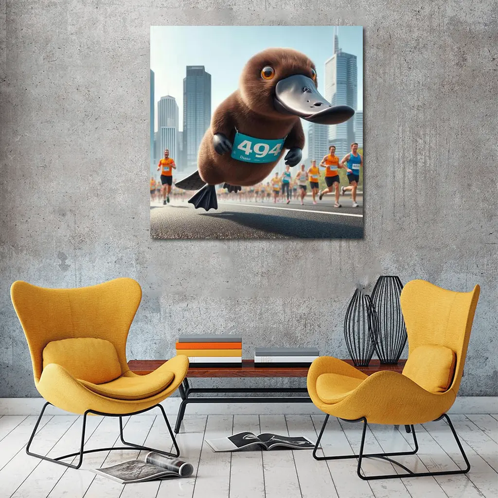 Cartoon Platypus Running City Marathon Race – Wall Art