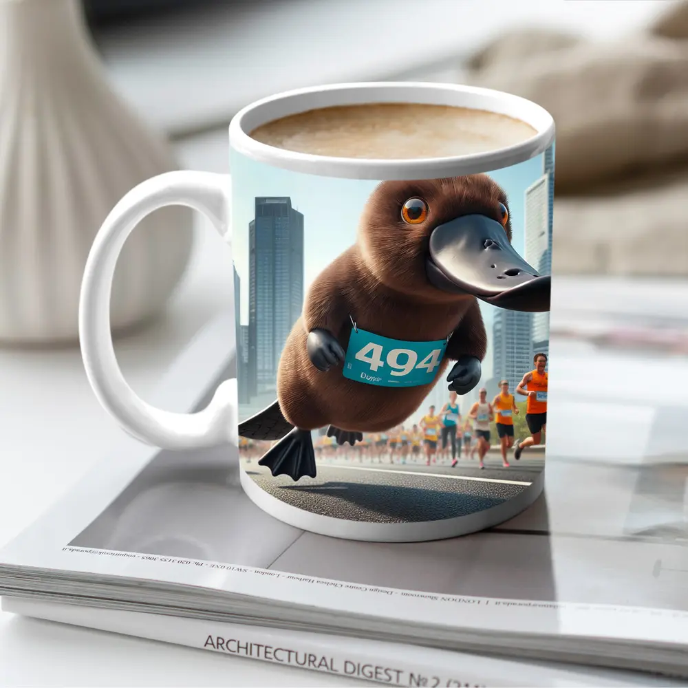 Cartoon Platypus Running City Marathon Race – Mugs