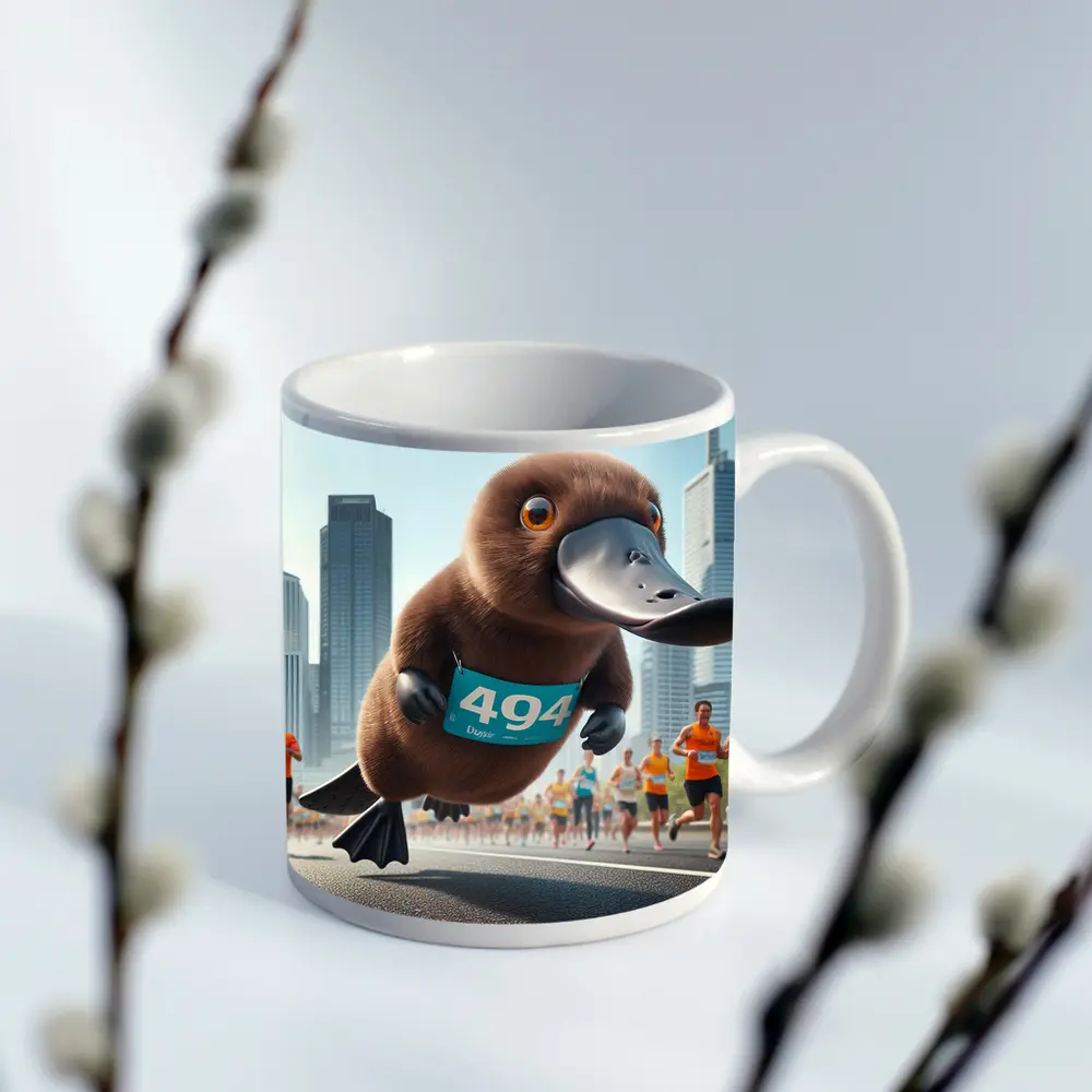 Cartoon Platypus Running City Marathon Race – Mugs