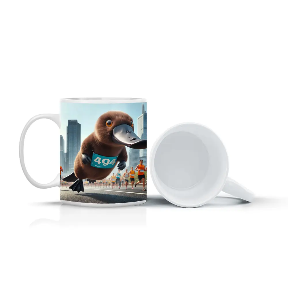 Cartoon Platypus Running City Marathon Race – Mugs