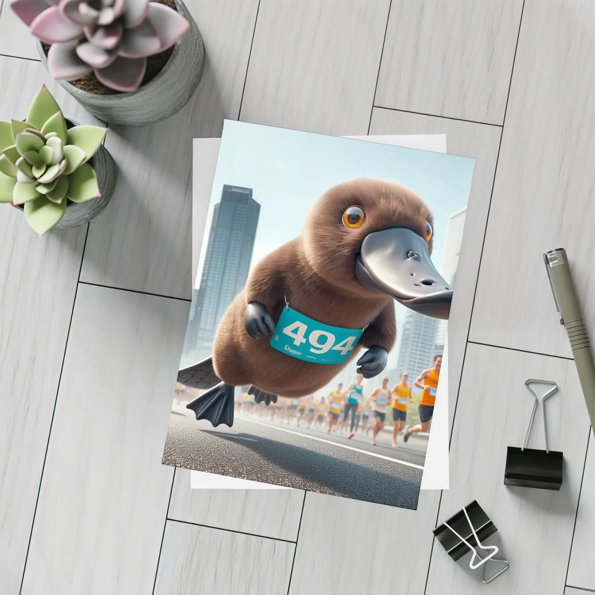 Cartoon Platypus Running City Marathon Race – Postcards