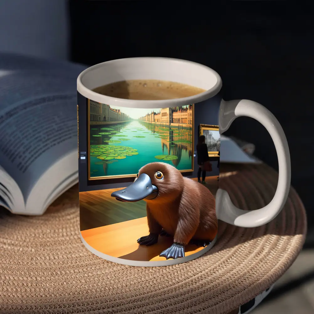 Platypus Sculpture Inside Art Museum Gallery – Mugs