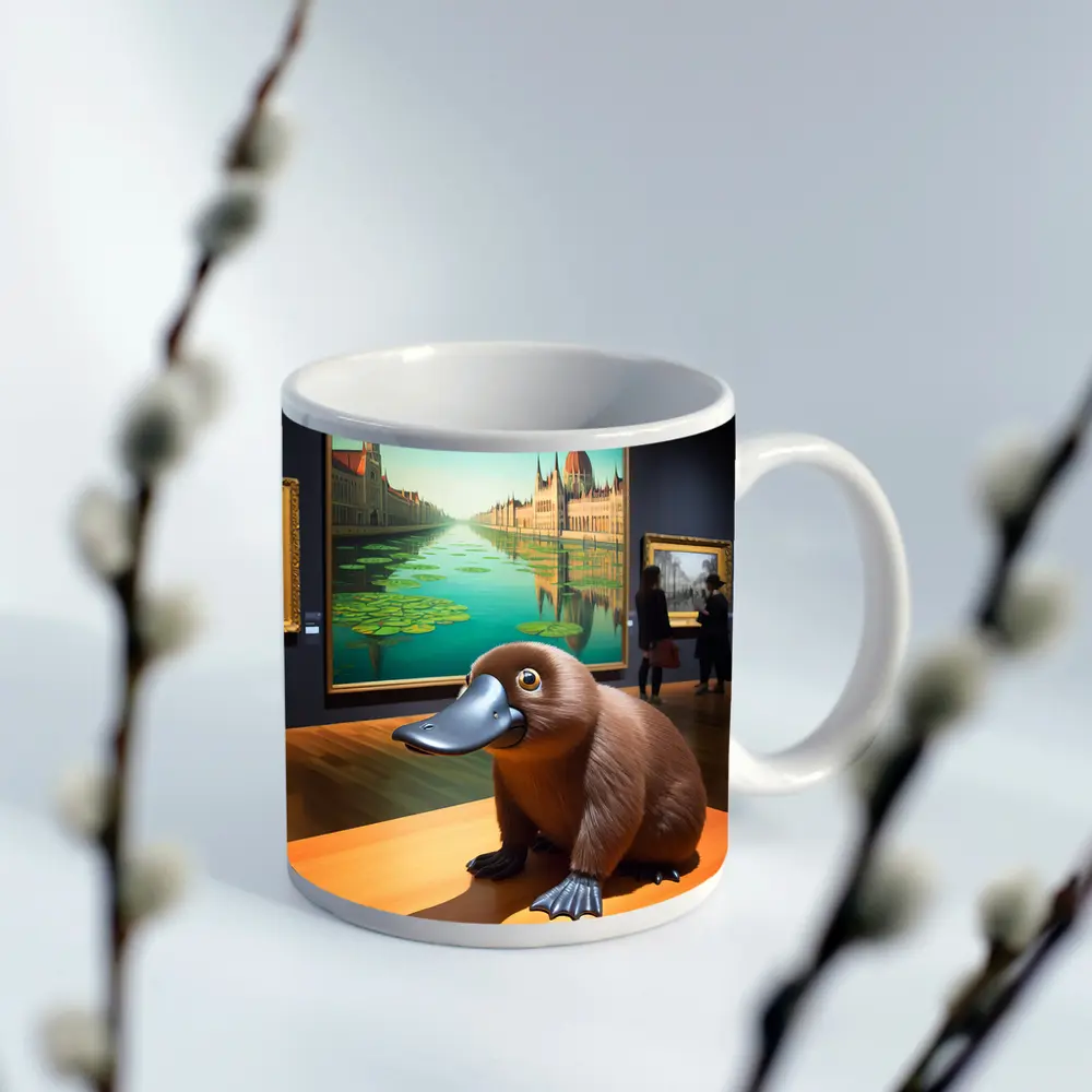 Platypus Sculpture Inside Art Museum Gallery – Mugs