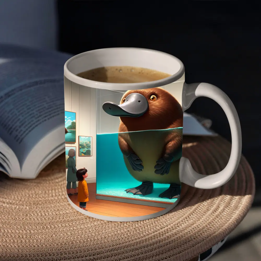 Giant Platypus in Museum Aquarium Cartoon Art – Mugs