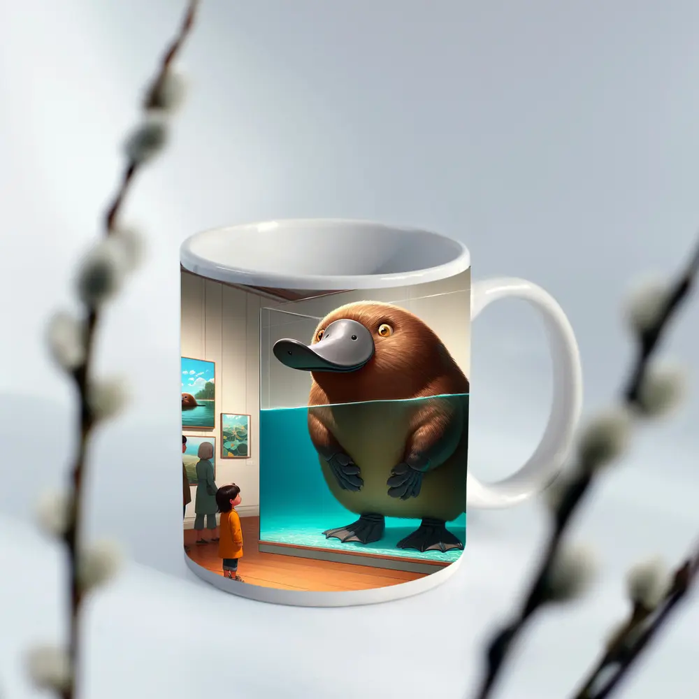 Giant Platypus in Museum Aquarium Cartoon Art – Mugs