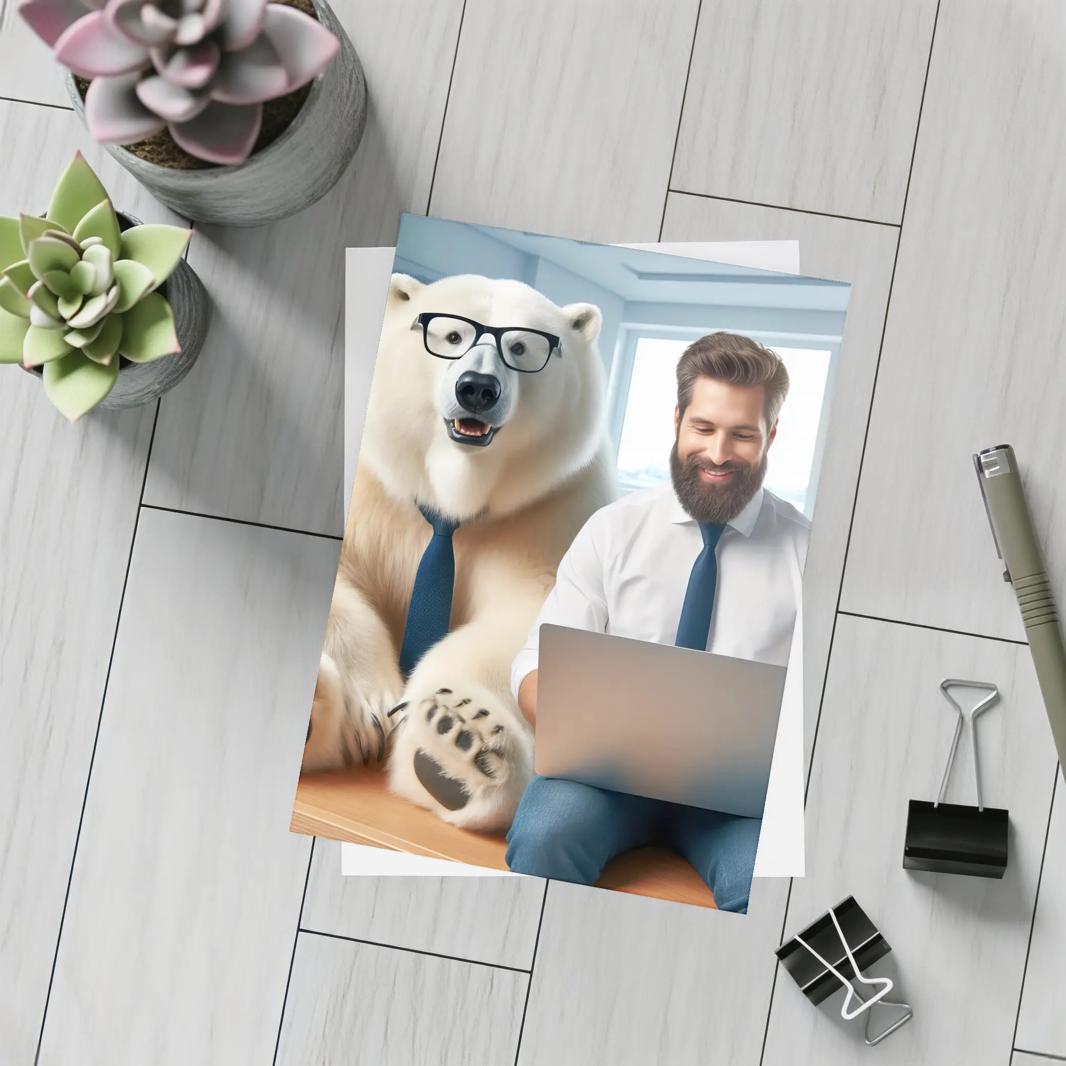 Polar Bear In Glasses Office Coworker Scene – Postcards
